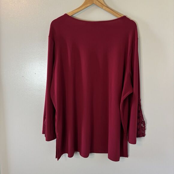 Susan Graver Liquid Knit Tunic Top Dark Red Lace Detail Mature Blouse Sz 3X - Picture 7 of 9